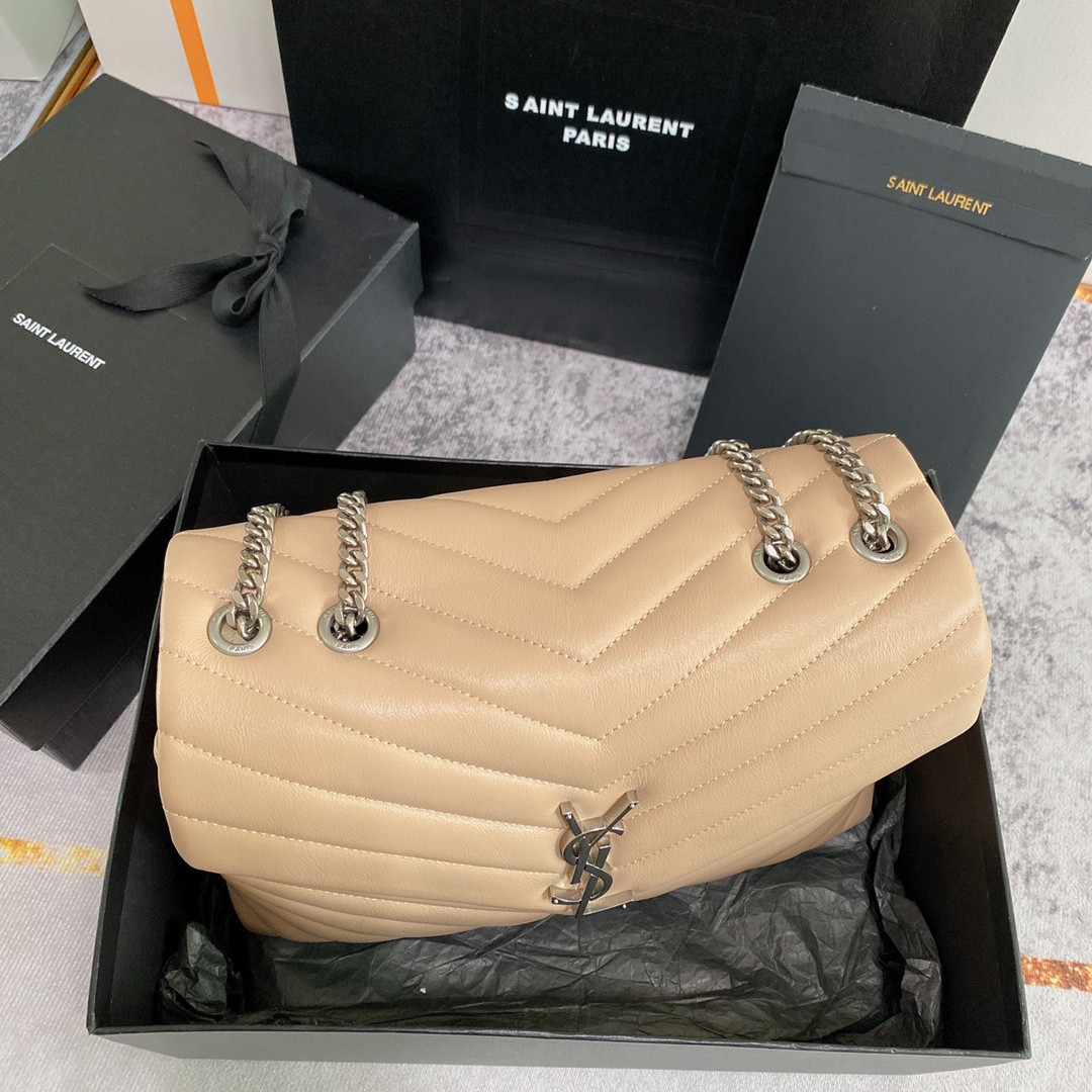 Y51 LOULOU MEDIUM IN QUILTED LEATHER DARK BEIGE SILVER 12.5 X 8.6 X 3.5 INCHES