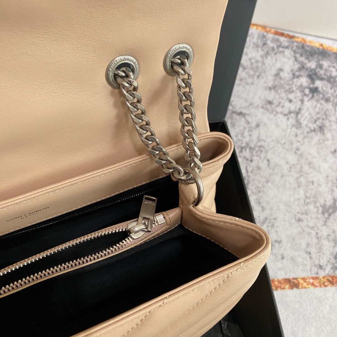 Y51 LOULOU MEDIUM IN QUILTED LEATHER DARK BEIGE SILVER 12.5 X 8.6 X 3.5 INCHES