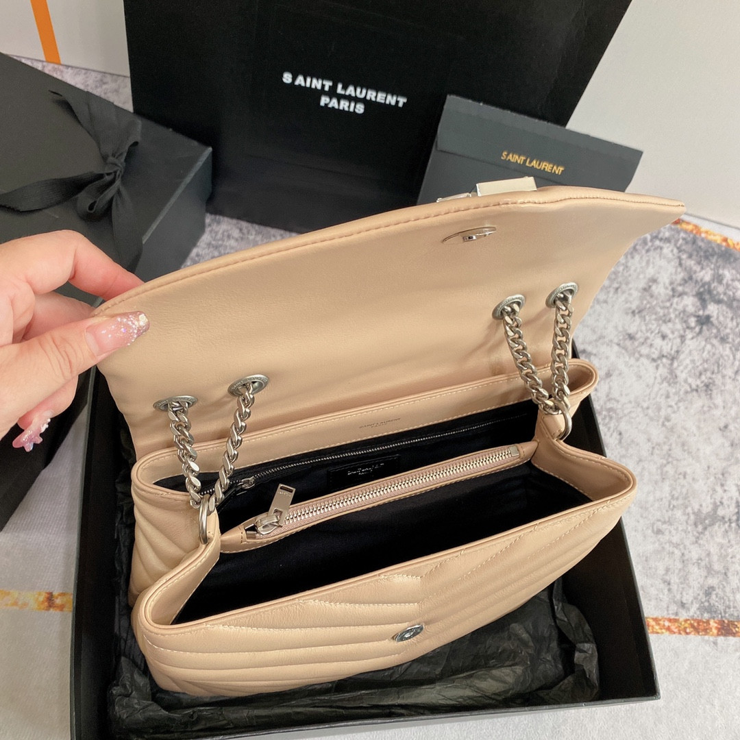 Y51 LOULOU MEDIUM IN QUILTED LEATHER DARK BEIGE SILVER 12.5 X 8.6 X 3.5 INCHES