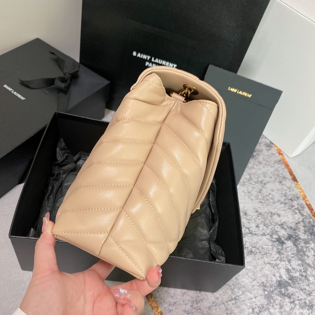 Y51 LOULOU MEDIUM IN QUILTED LEATHER DARK BEIGE 12.5 X 8.6 X 3.5 INCHES