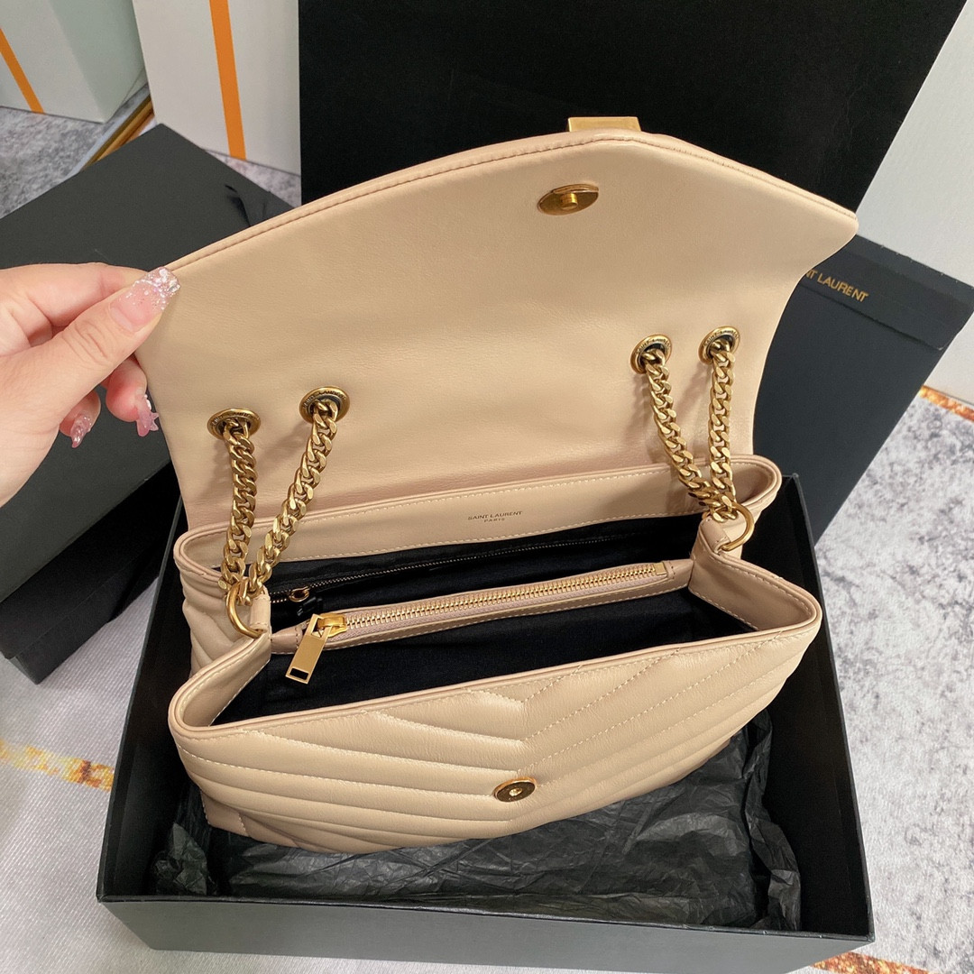 Y51 LOULOU MEDIUM IN QUILTED LEATHER DARK BEIGE 12.5 X 8.6 X 3.5 INCHES