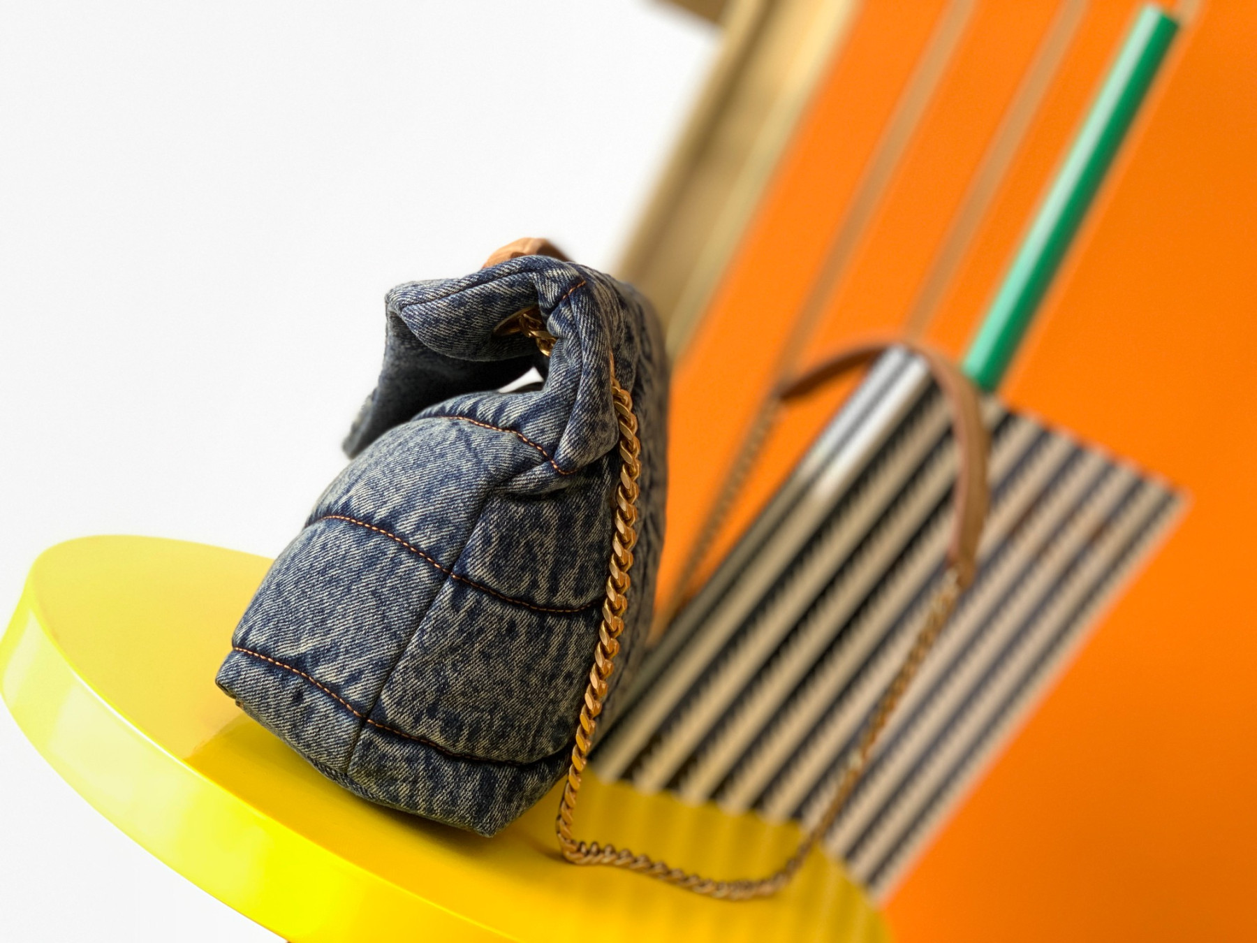 Y51 PUFFER SMALL IN SUEDE AND DENIM LIGHT BLUE 11.4 X 6.6 X 4.3 INCHES