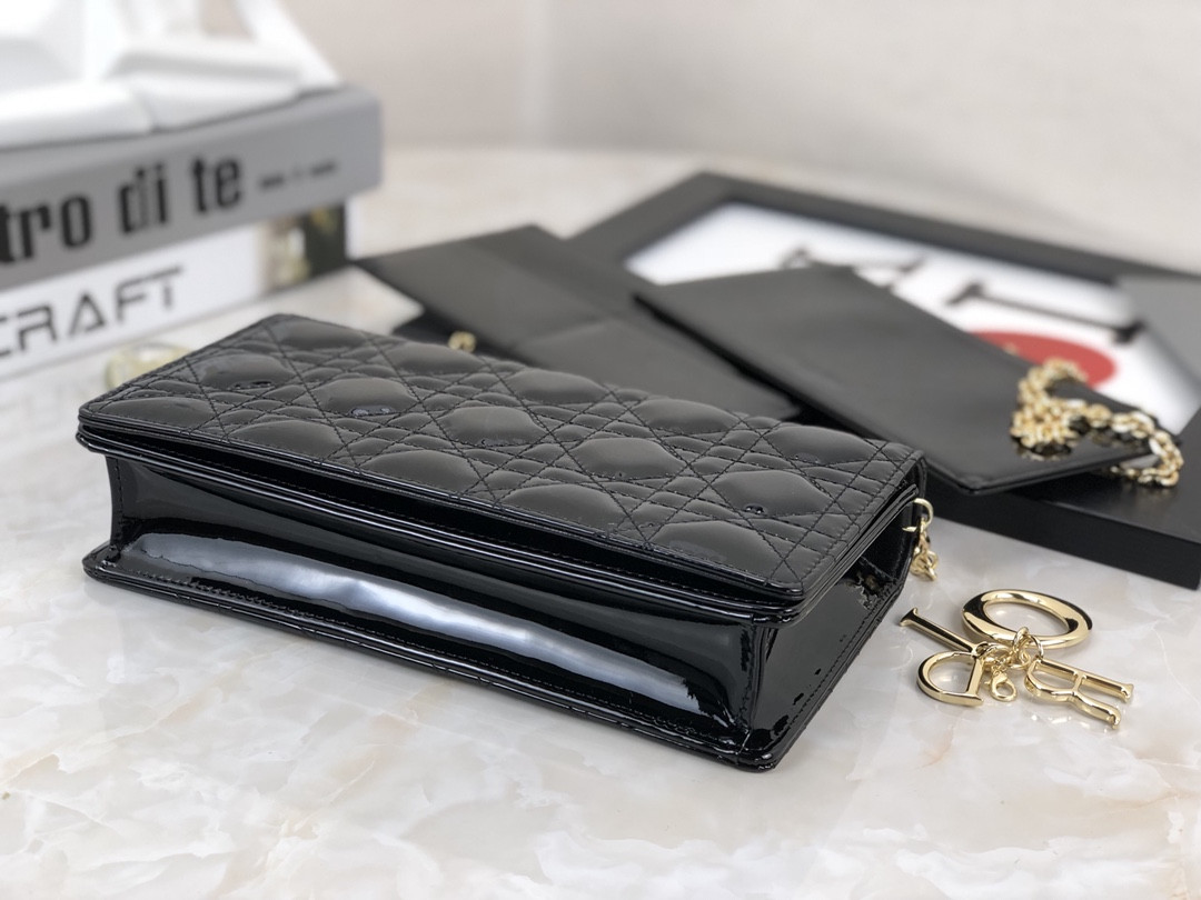 Lady D10r Pouch  Black Patent Cannage Calfskin 8.5 x 4.5 x 1 inches