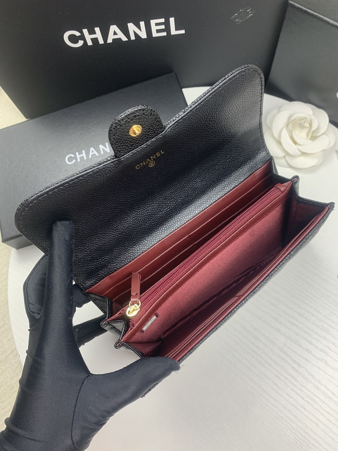 Ch**el FLAP WALLET GRAINED LEATHER BLACK GOLD 19.5 x10 cm