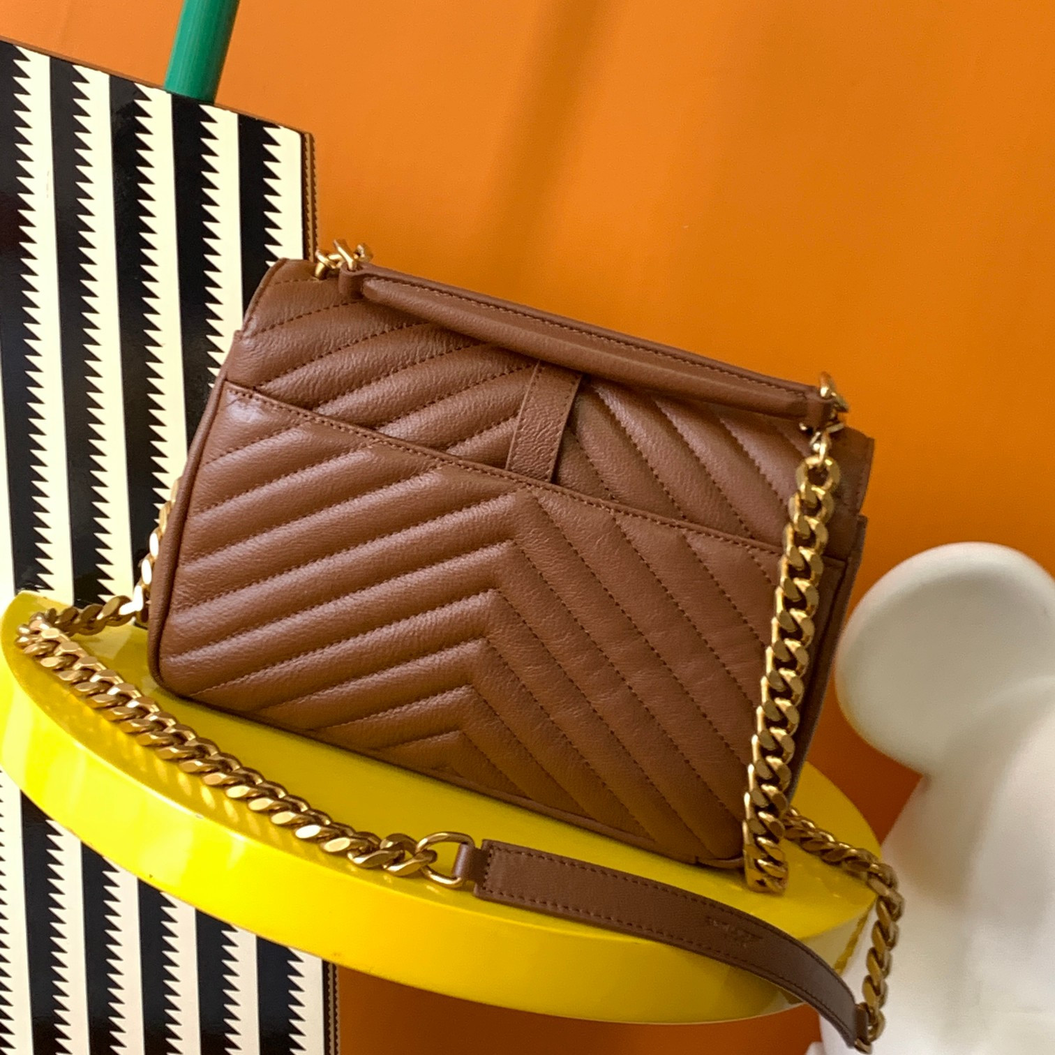 Y51 COLLEGE MEDIUM IN QUILTED LEATHER COFFEE 9.4 X 6.6 X 2.5 INCHES