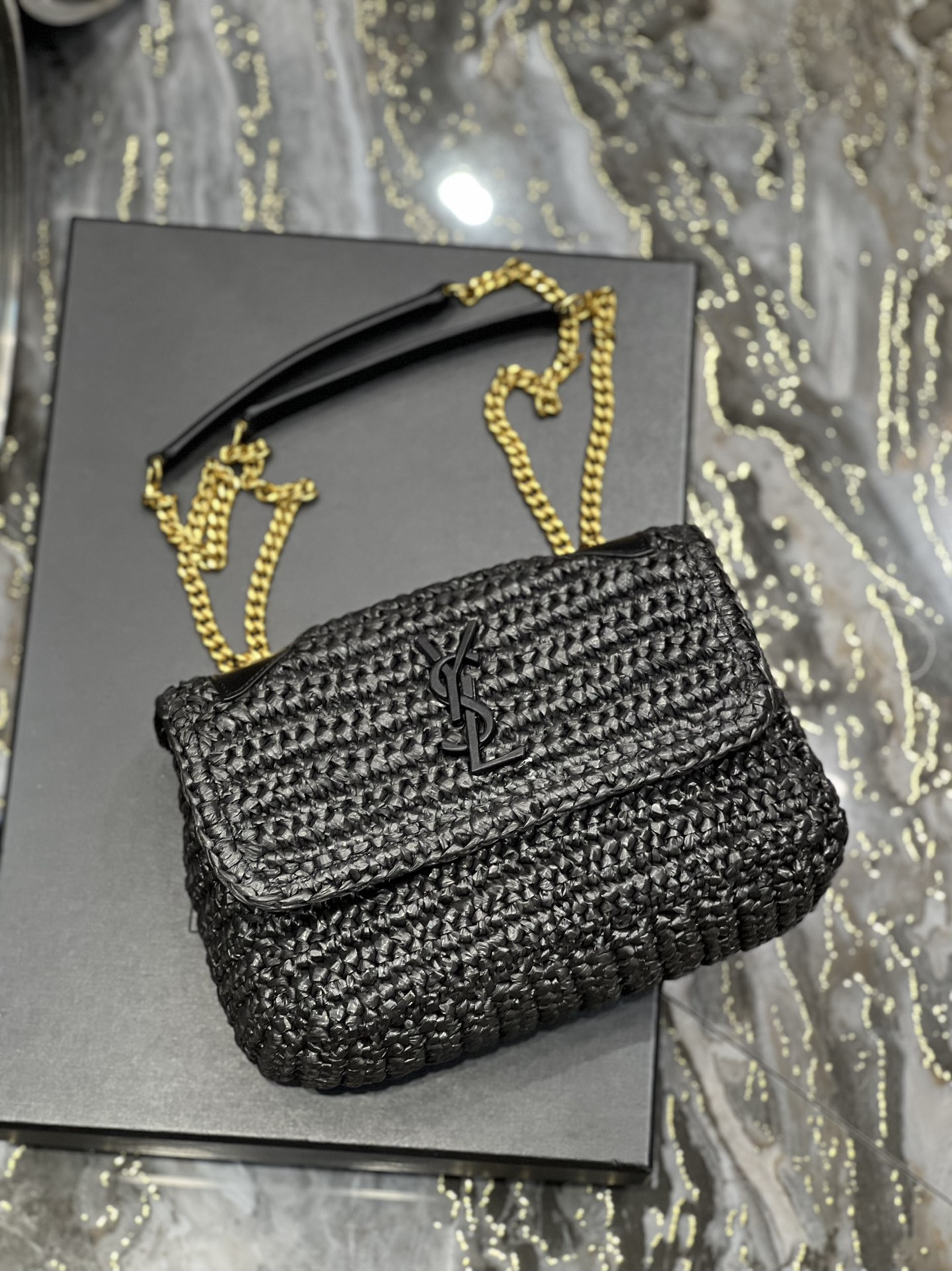 Y51 NIKI CHAIN BAG IN RAFFIA AND LEATHER BLACK 22×16.5×12 CM