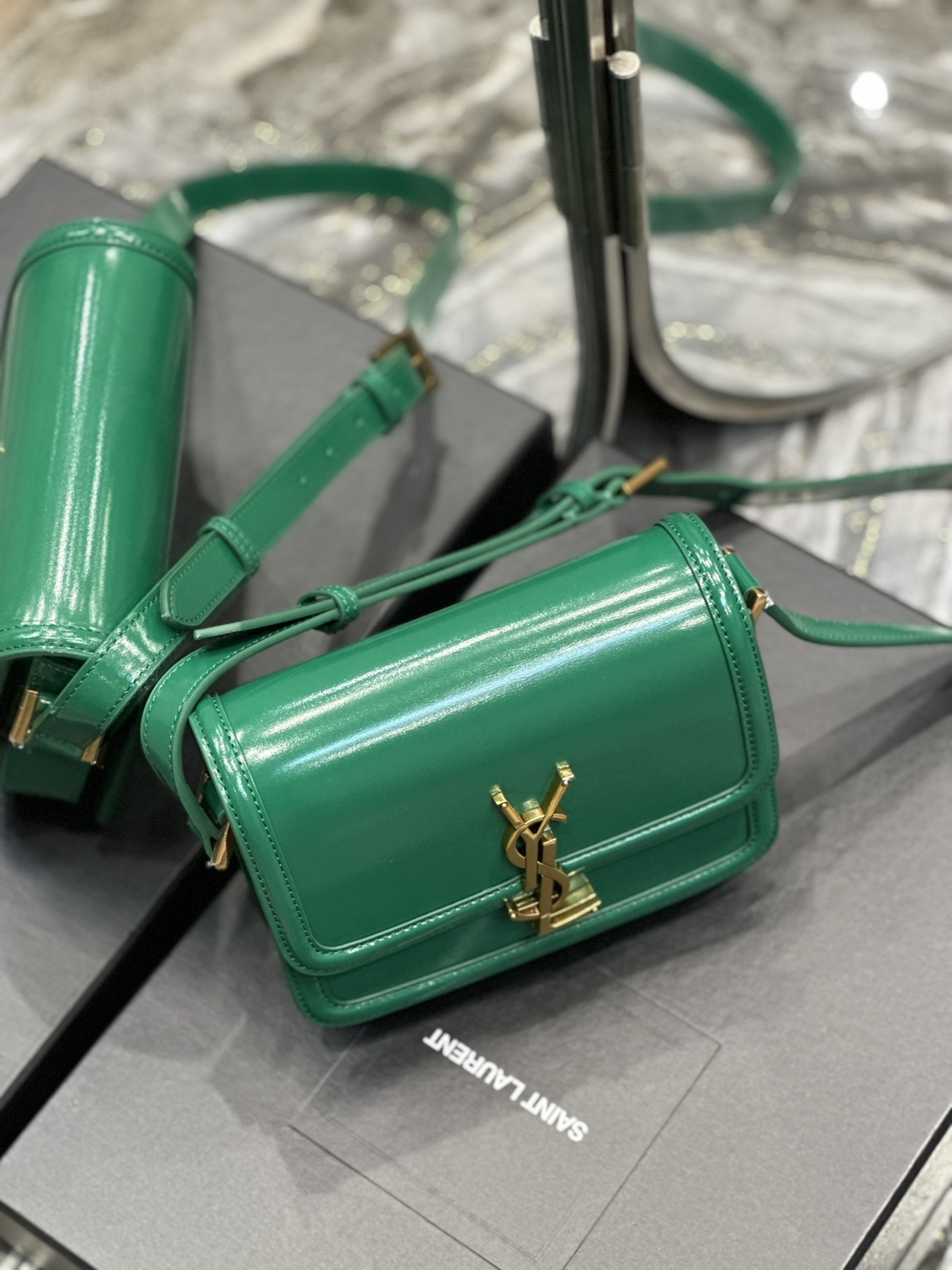 Y51 SOLFERINO SMALL SATCHEL IN BOX Sa1nt Lau*nt GREEN 7.4 X 5.1 X 1.9 INCHES