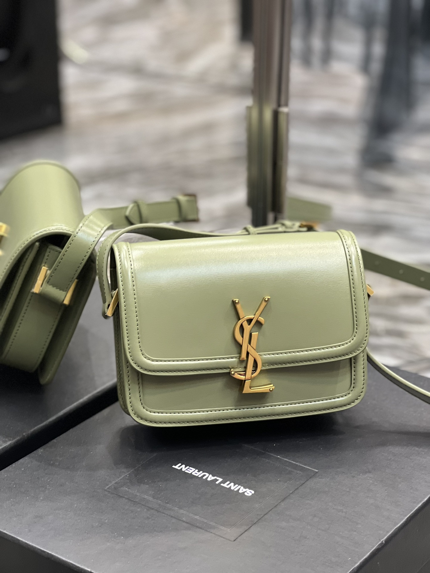 Y51 SOLFERINO SMALL SATCHEL IN BOX SAINT LIGHT GREEN 7.4 X 5.1 X 1.9 INCHES