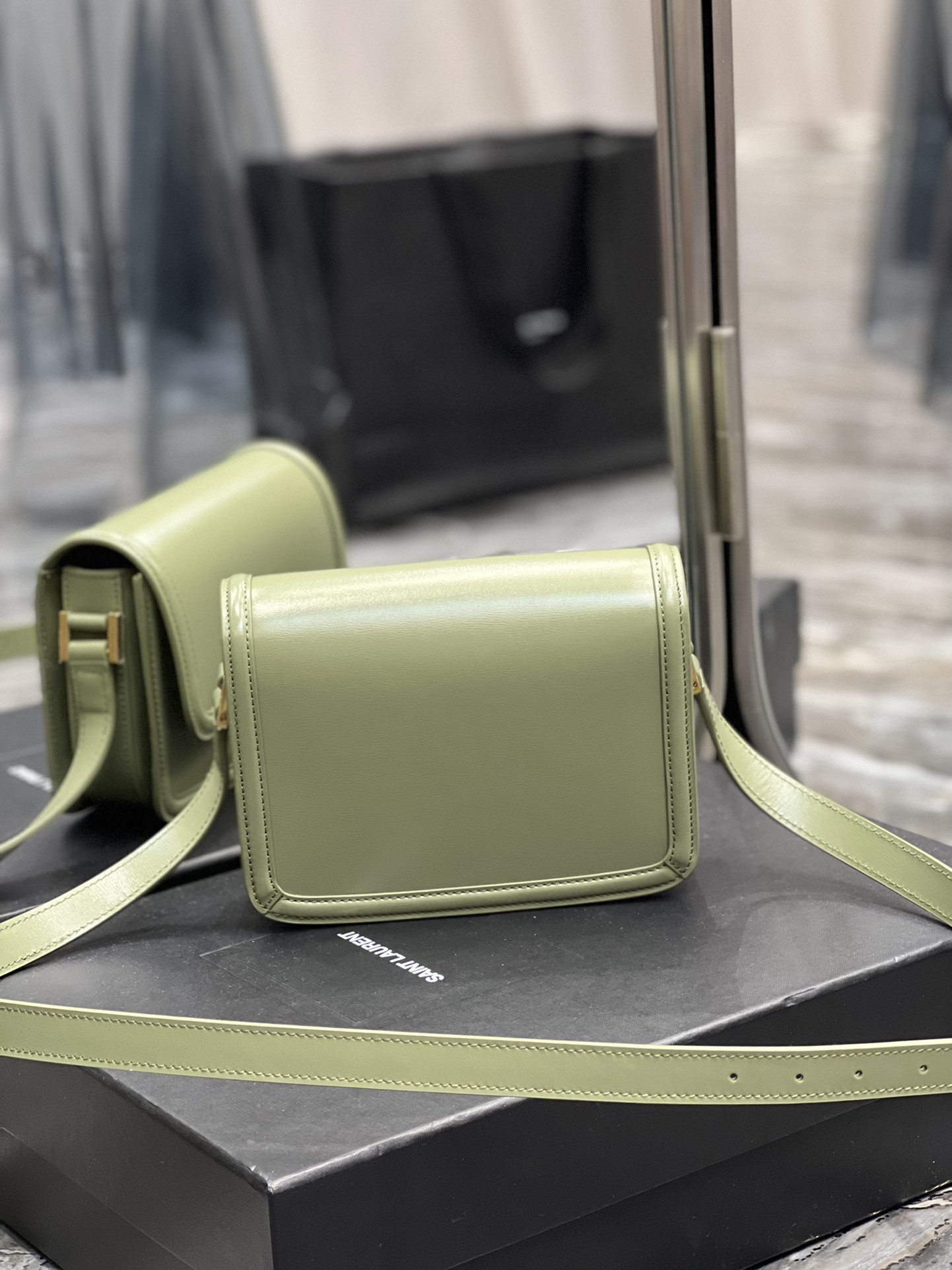 Y51 SOLFERINO SMALL SATCHEL IN BOX SAINT LIGHT GREEN 7.4 X 5.1 X 1.9 INCHES