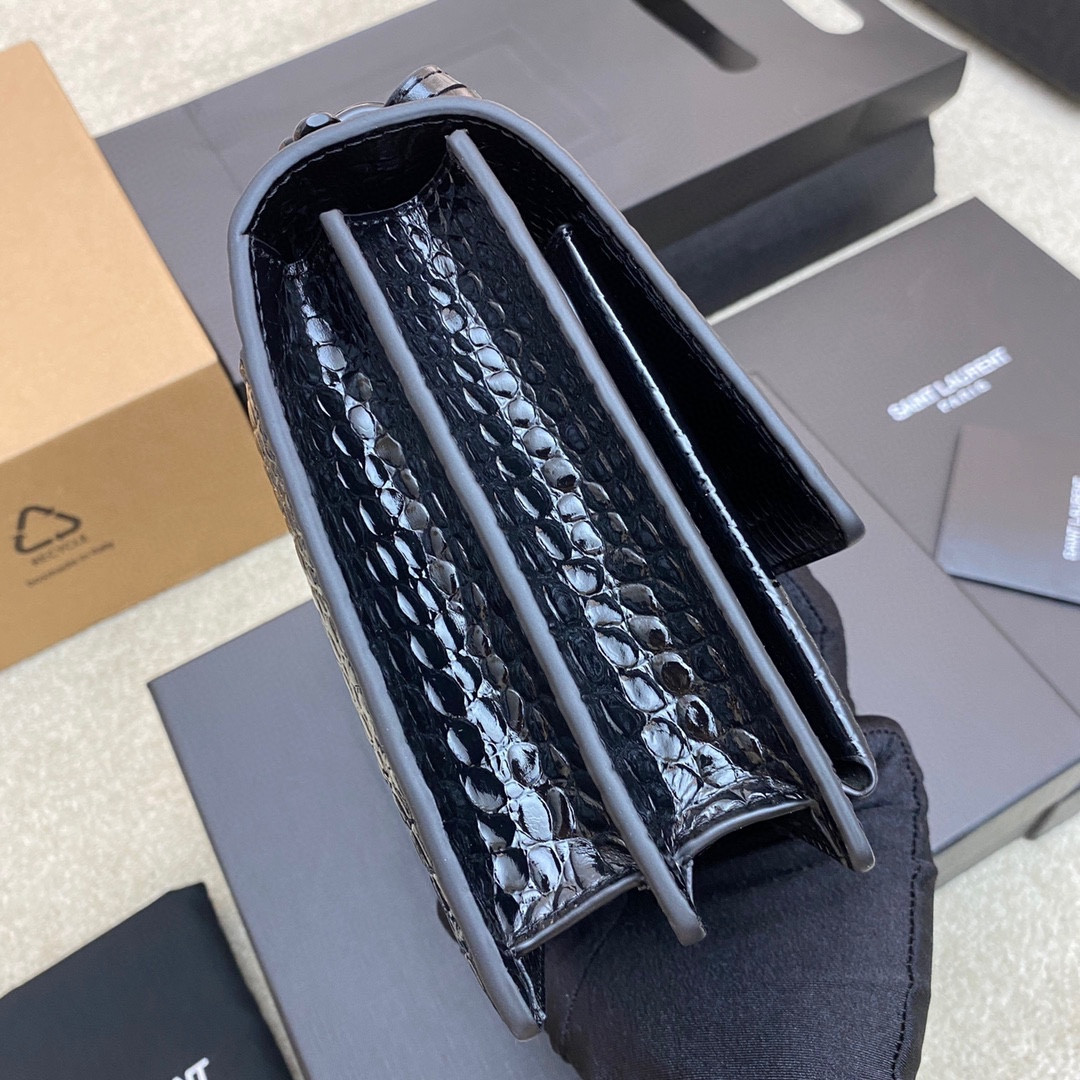 Y51 SUNSET MEDIUM IN CROCODILE-EMBOSSED LEATHER NOIR 8 X 6.2 X 2.5 INCHES