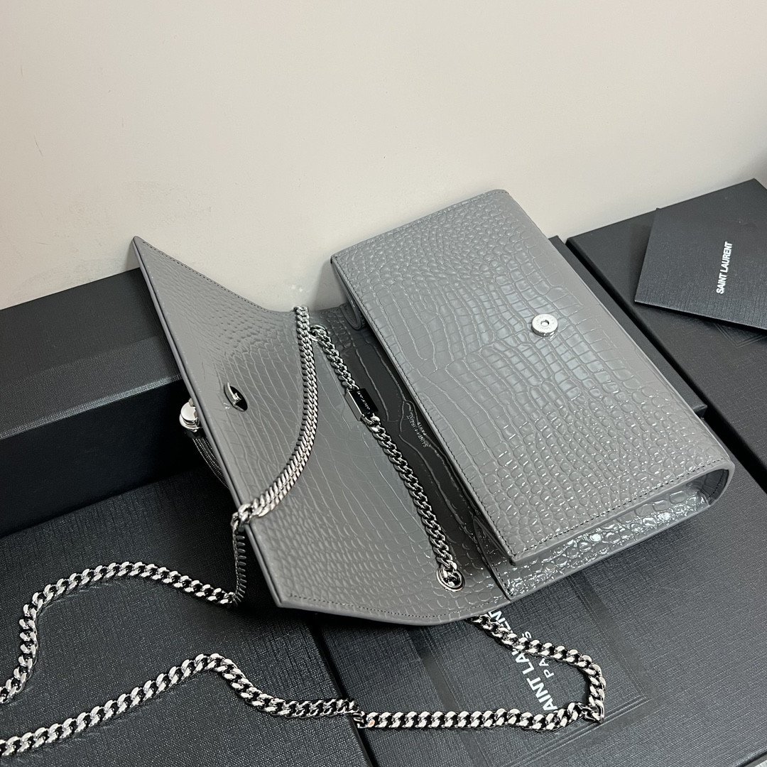 Y51 KATE MEDIUM TASSEL IN CROCODILE-EMBOSSED LEATHER GRAY 9.4 X 5.7 X 2.1 INCHES