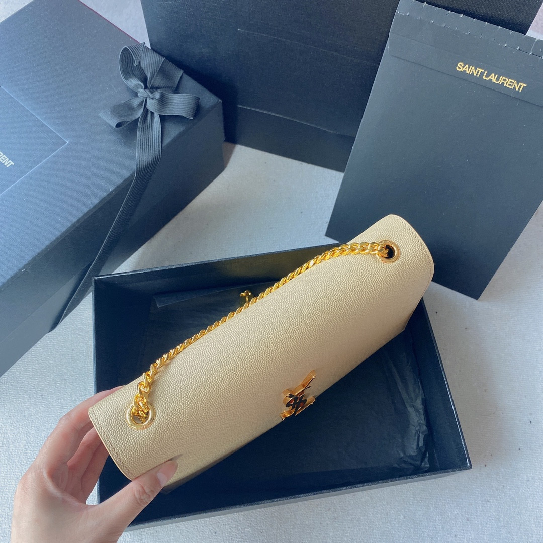 Y51 KATE MEDIUM IN GRAIN DE POUDRE EMBOSSED LEATHER DARK BEIGE 9.4 X 5.7 X 2.1 INCHES