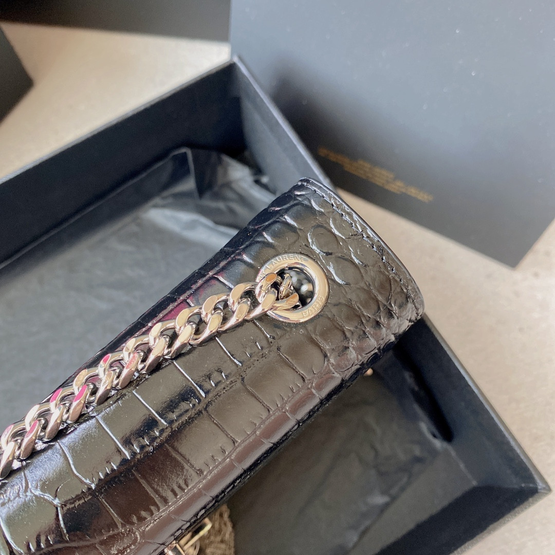 Y51 KATE MEDIUM TASSEL IN CROCODILE-EMBOSSED LEATHER BLACK 9.4 X 5.7 X 2.1 INCHES