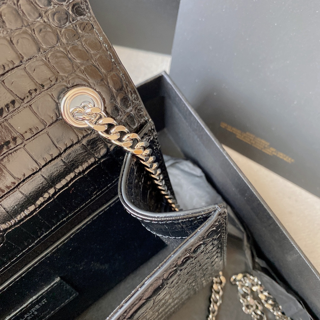 Y51 KATE MEDIUM TASSEL IN CROCODILE-EMBOSSED LEATHER BLACK 9.4 X 5.7 X 2.1 INCHES