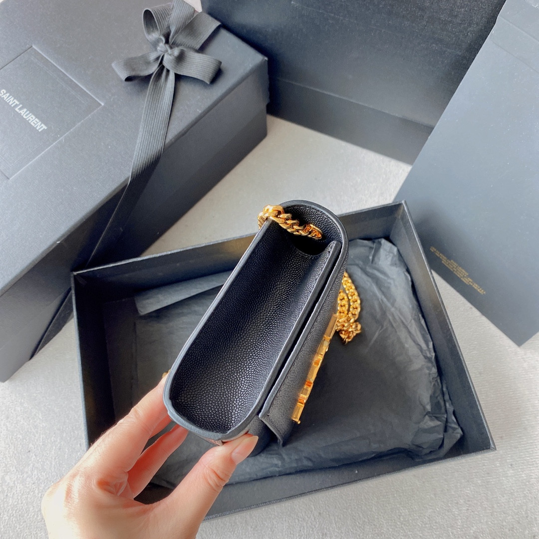 Y51 KATE SMALL IN GRAIN DE POUDRE EMBOSSED LEATHER NAVY GOLD 7.8 X 4.9 X 1.9 INCHES