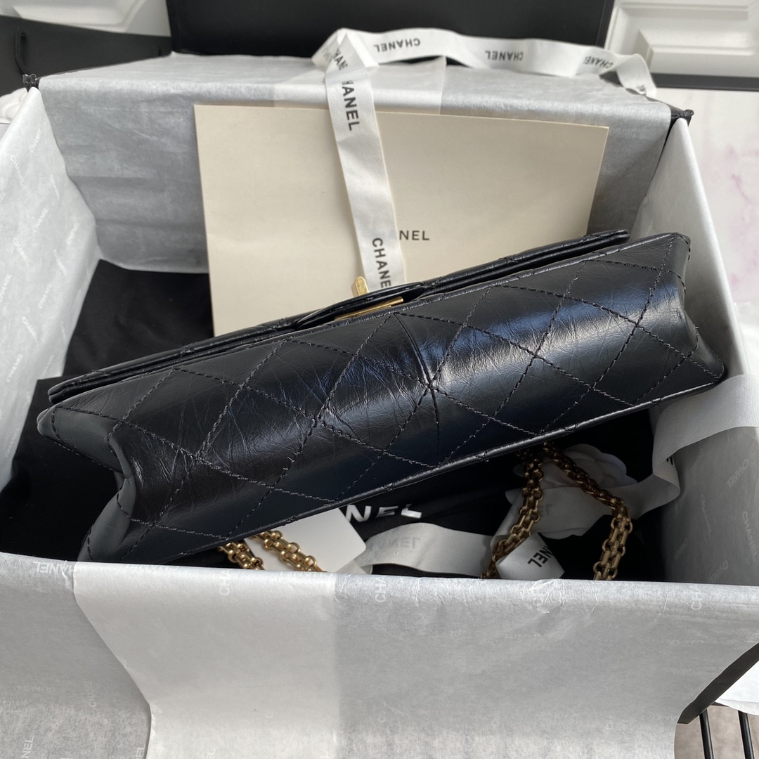 Ch**el LARGE 2.55 HANDBAG Black& Gold-Tone Metal 7.6 × 10.9 × 2.9 in