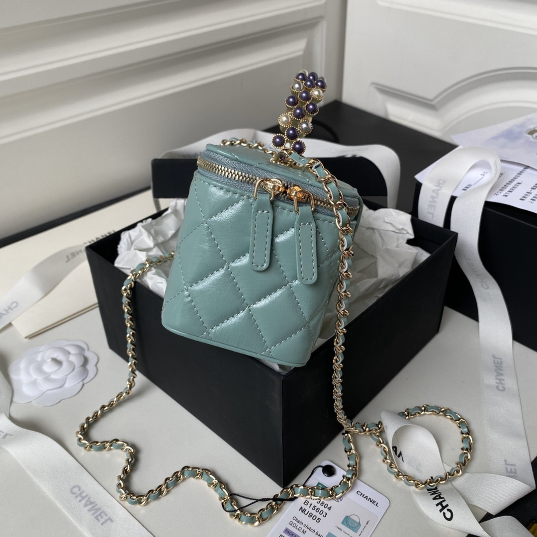 Ch**el 24P CHAIN LEATHER SQUARE BOX SHOULDER BAG BLUE 16x10x8cm