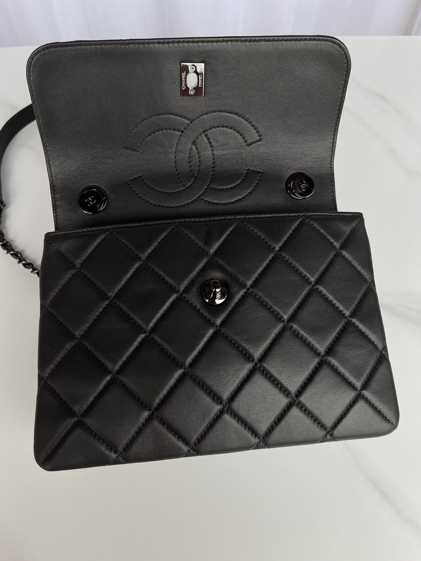 Ch**el FLAP BAG WITH TOP HANDLE BLACK 6.6 × 9.8 × 4.7 in