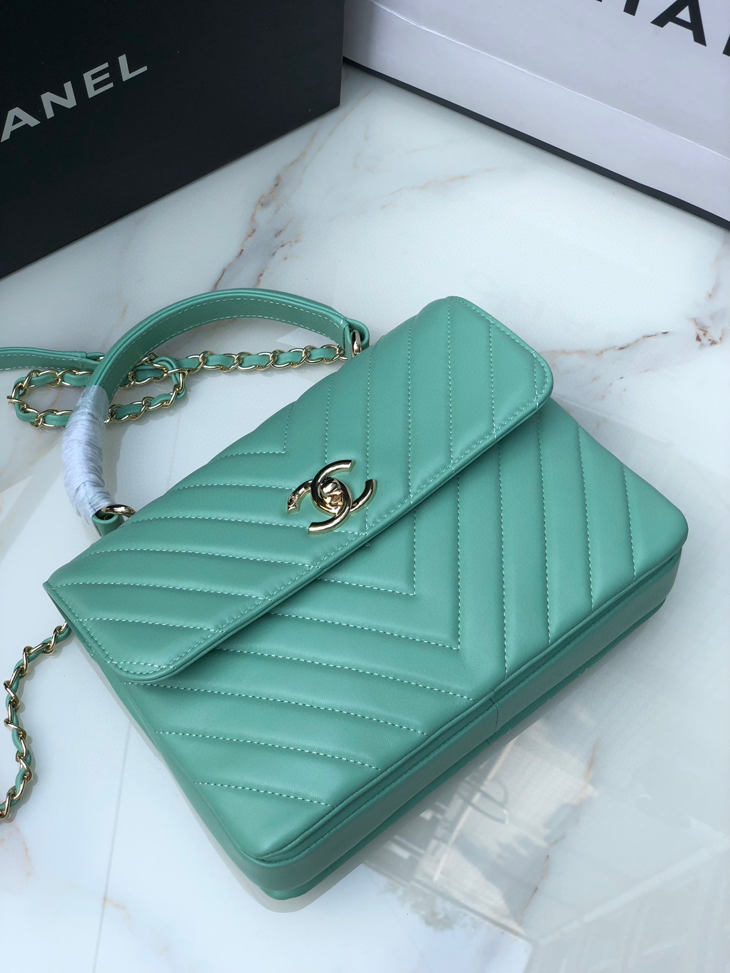 Ch**el FLAP BAG WITH TOP HANDLE BLUE SILVER 6.6 × 9.8 × 4.7 in