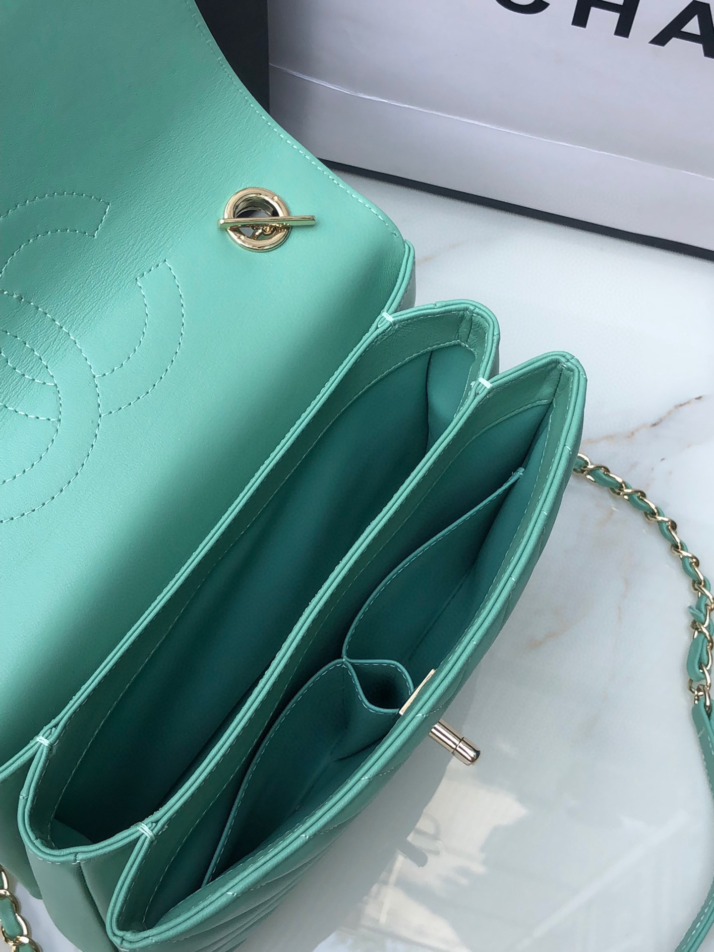 Ch**el FLAP BAG WITH TOP HANDLE BLUE SILVER 6.6 × 9.8 × 4.7 in