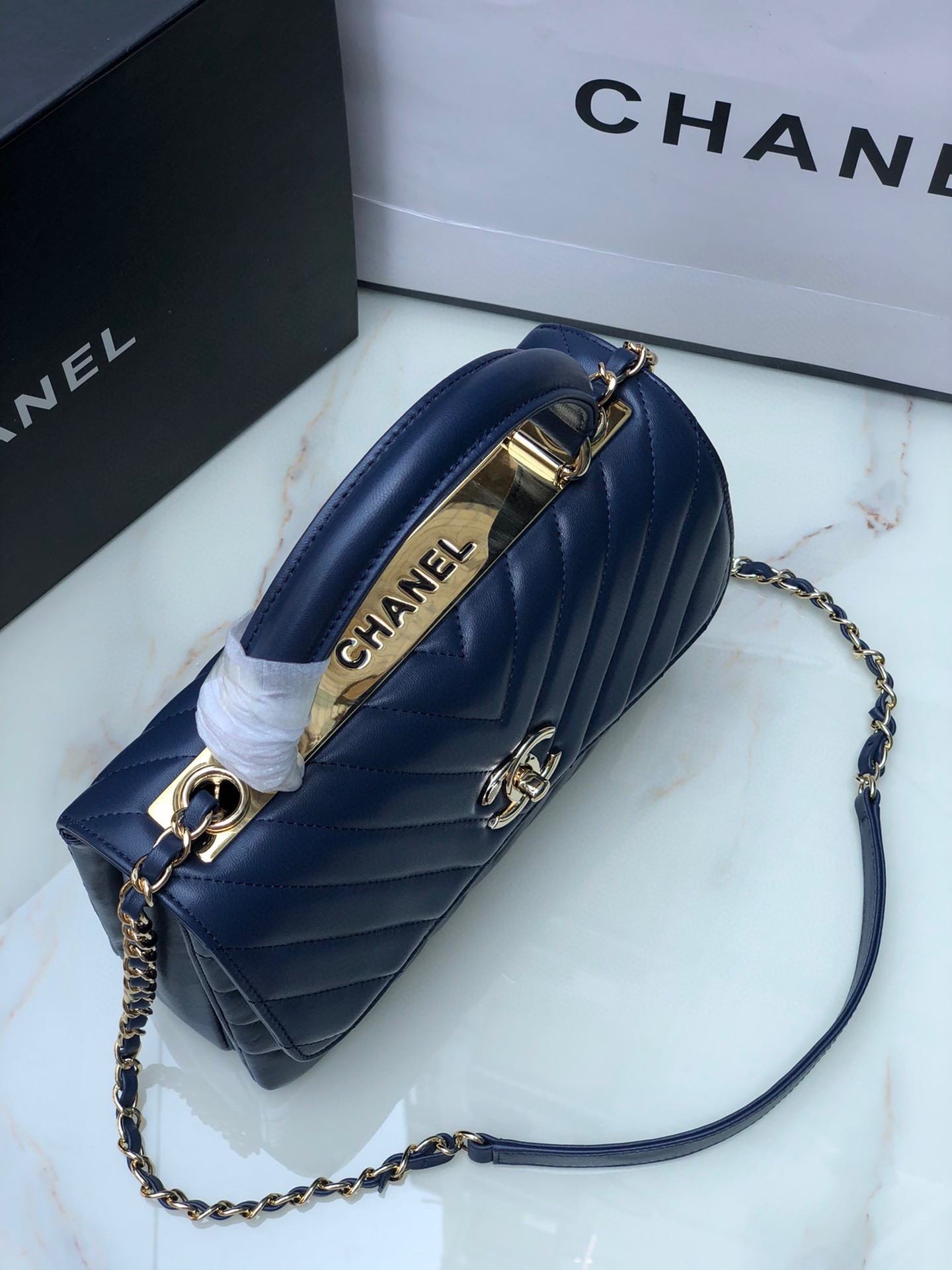 Ch**el FLAP BAG WITH TOP HANDLE NAVY 6.6 × 9.8 × 4.7 in