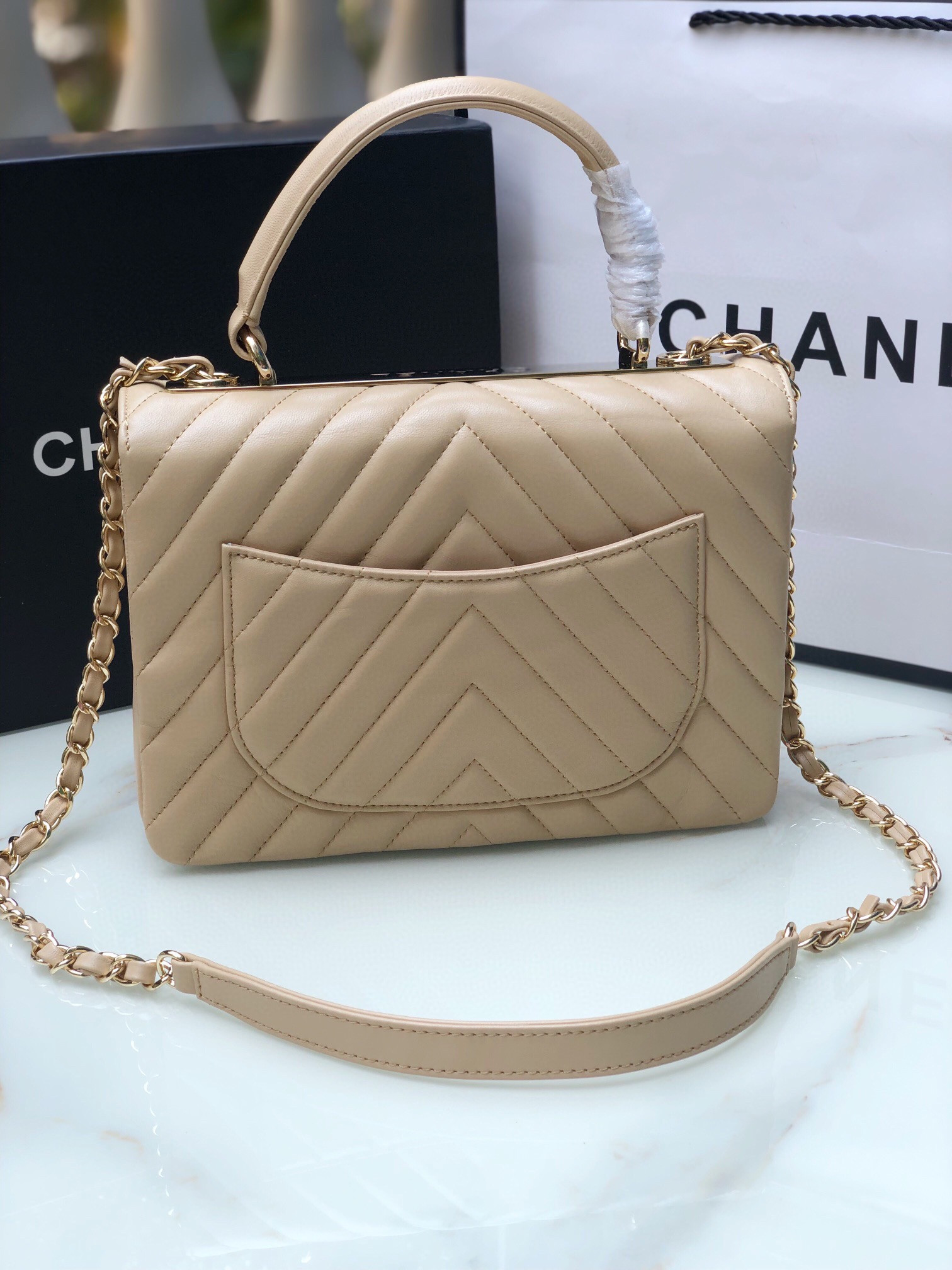 Ch**el FLAP BAG WITH TOP HANDLE BEIGE 6.6 × 9.8 × 4.7 in