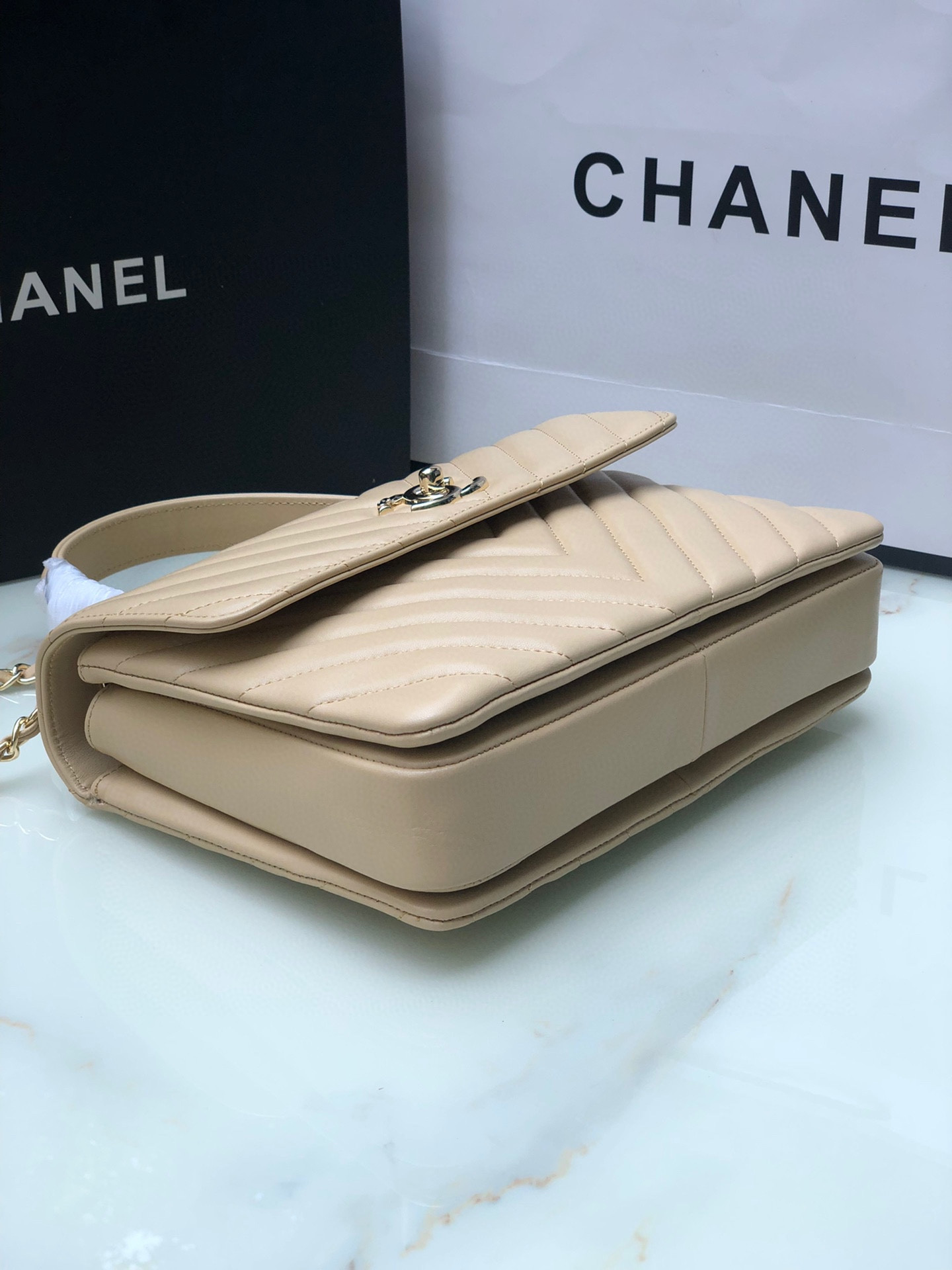 Ch**el FLAP BAG WITH TOP HANDLE BEIGE 6.6 × 9.8 × 4.7 in