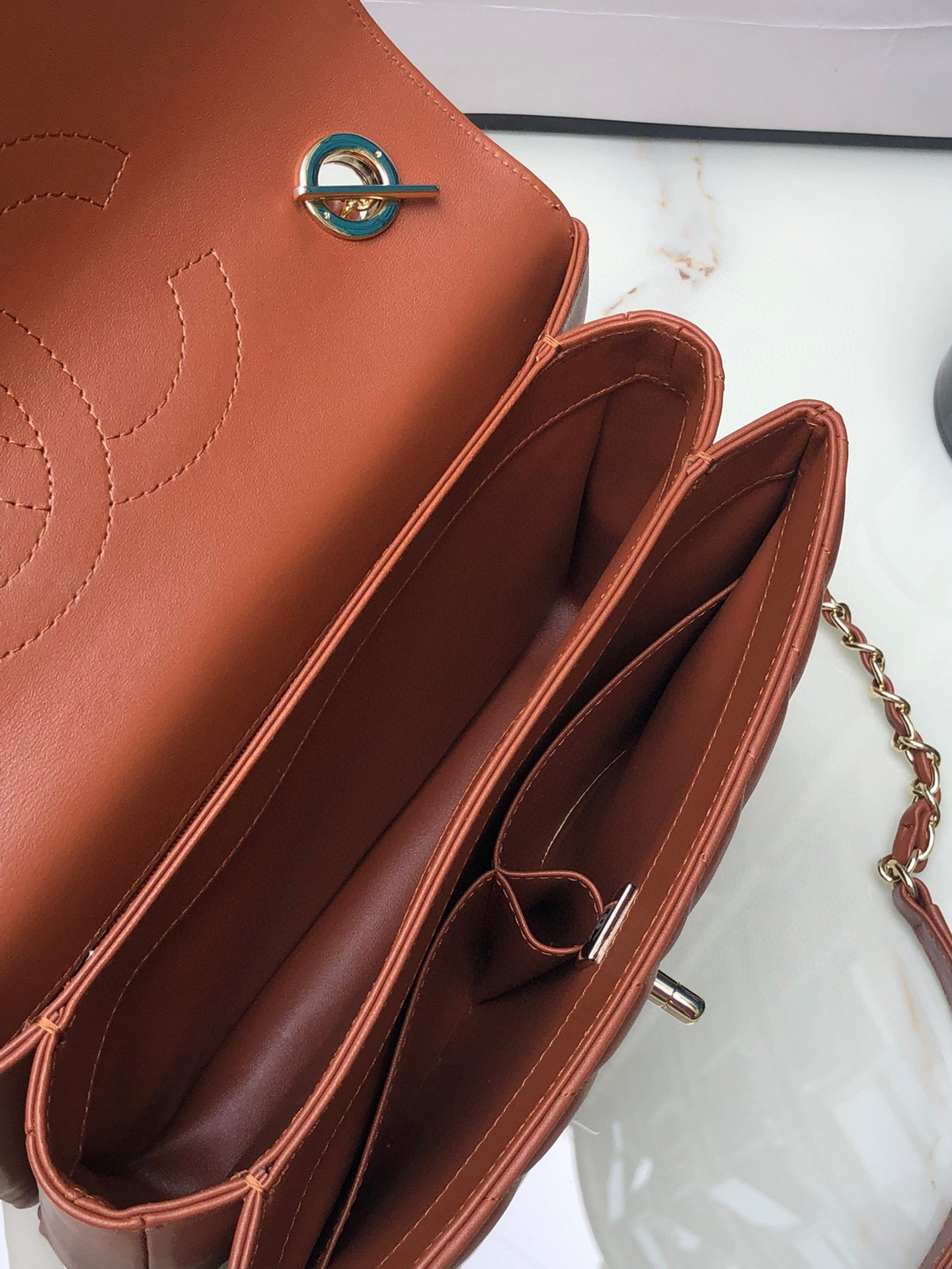 Ch**el FLAP BAG WITH TOP HANDLE ORANGE 6.6 × 9.8 × 4.7 in