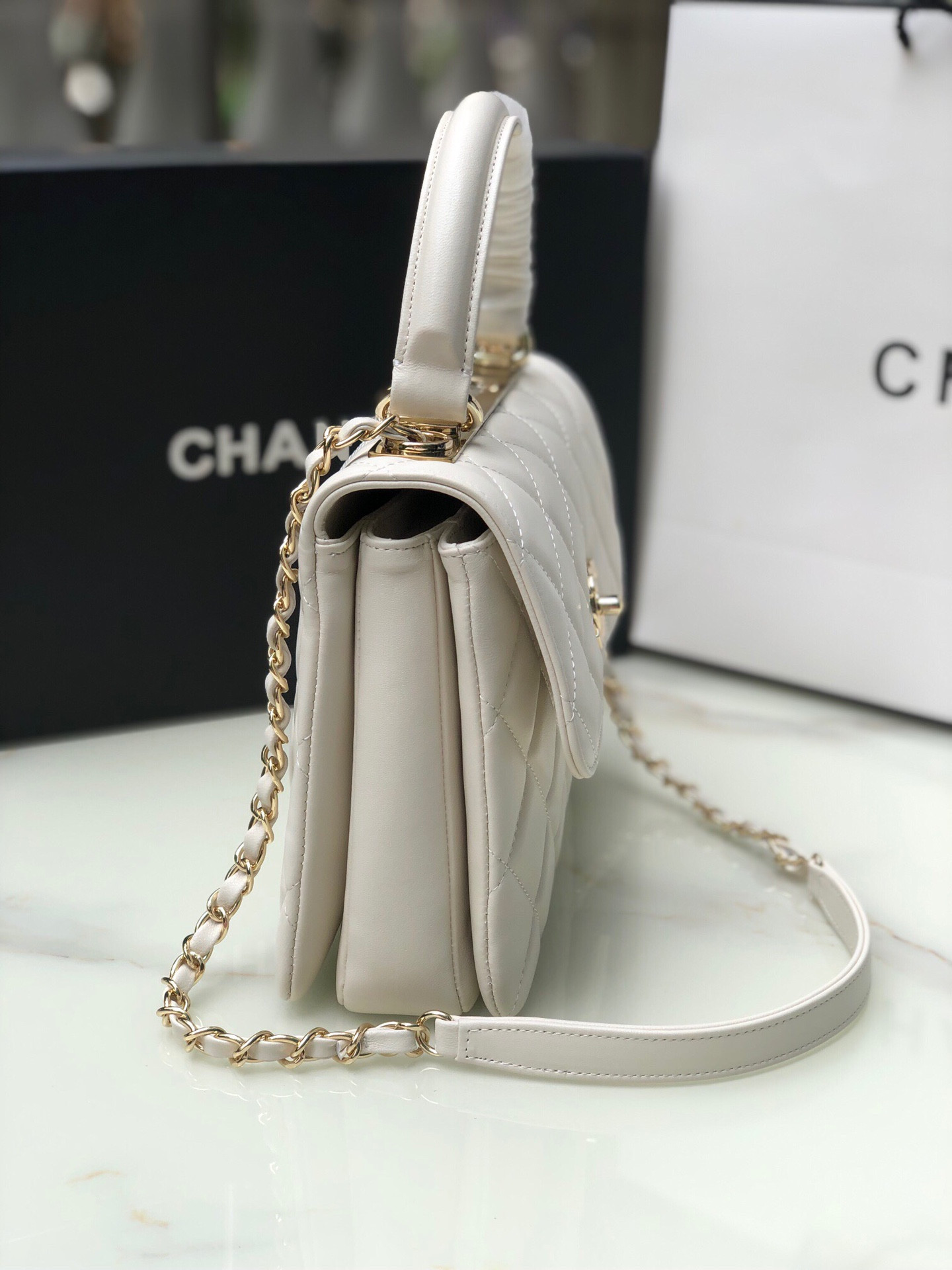 Ch**el FLAP BAG WITH TOP HANDLE 6.6 × 9.8 × 4.7 in