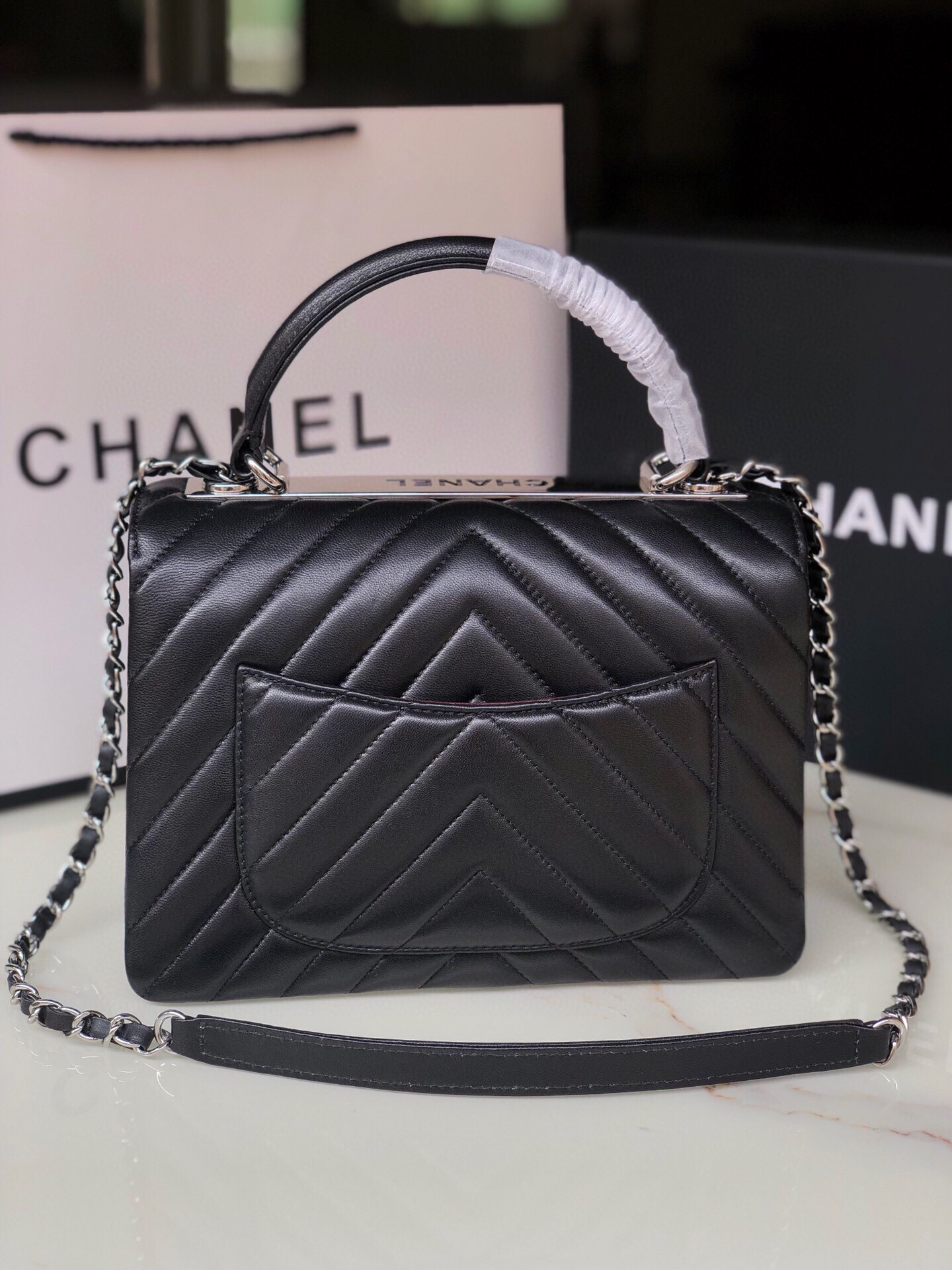 Ch**el FLAP BAG WITH TOP HANDLE 6.6 × 9.8 × 4.7 in