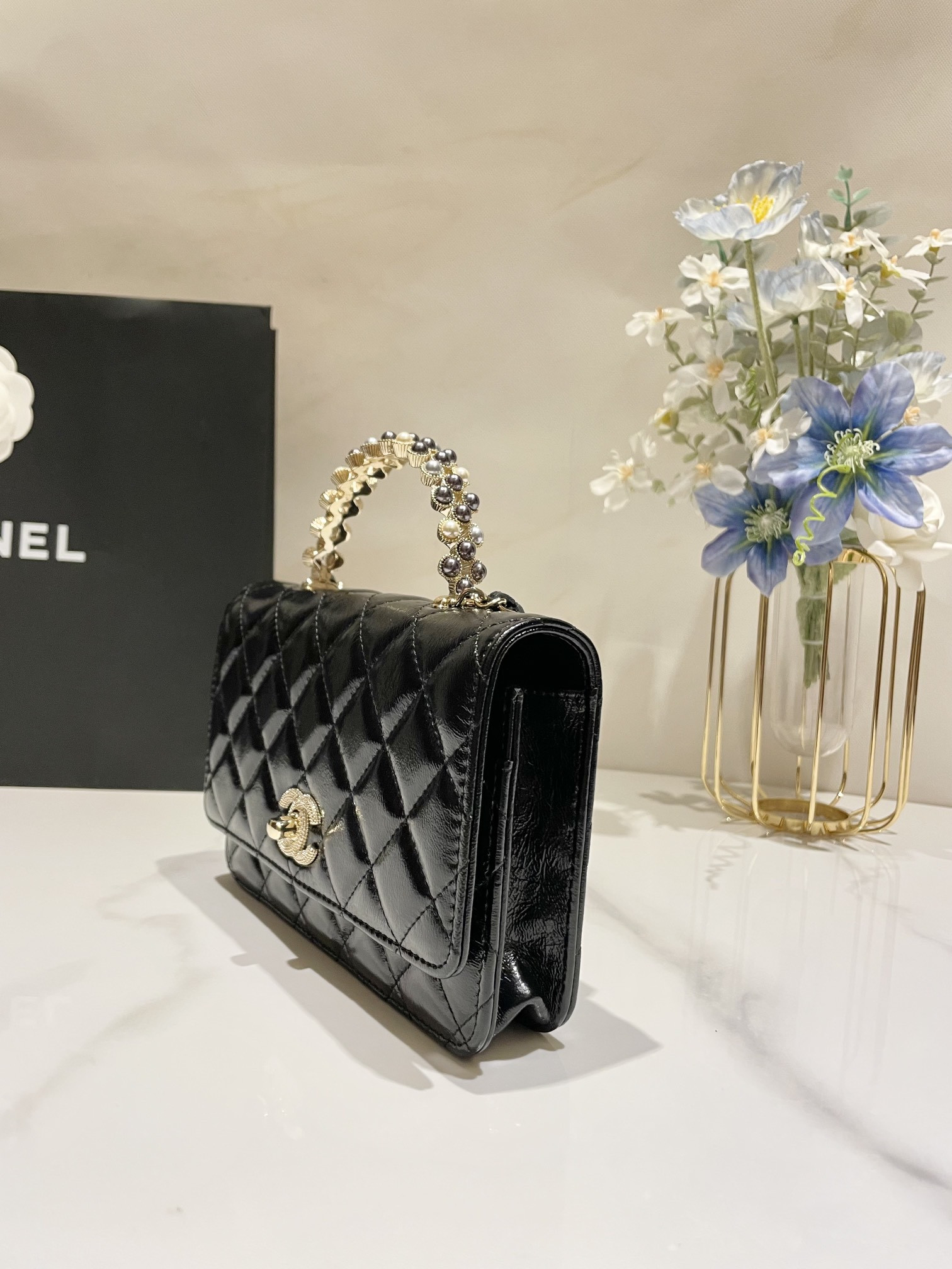 Ch**el CLASSIC WALLET ON CHAIN Rhinestone Handle BLACK 4.8 × 7.5 × 1.4