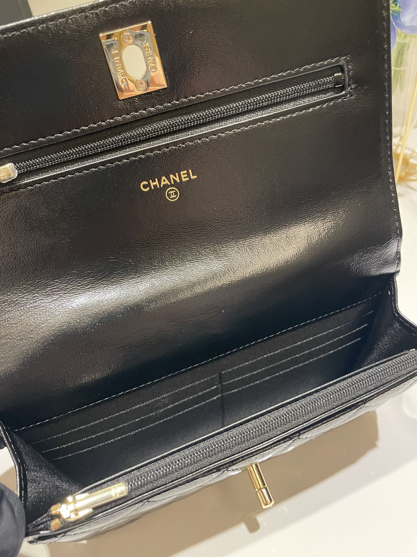 Ch**el CLASSIC WALLET ON CHAIN Rhinestone Handle BLACK 4.8 × 7.5 × 1.4