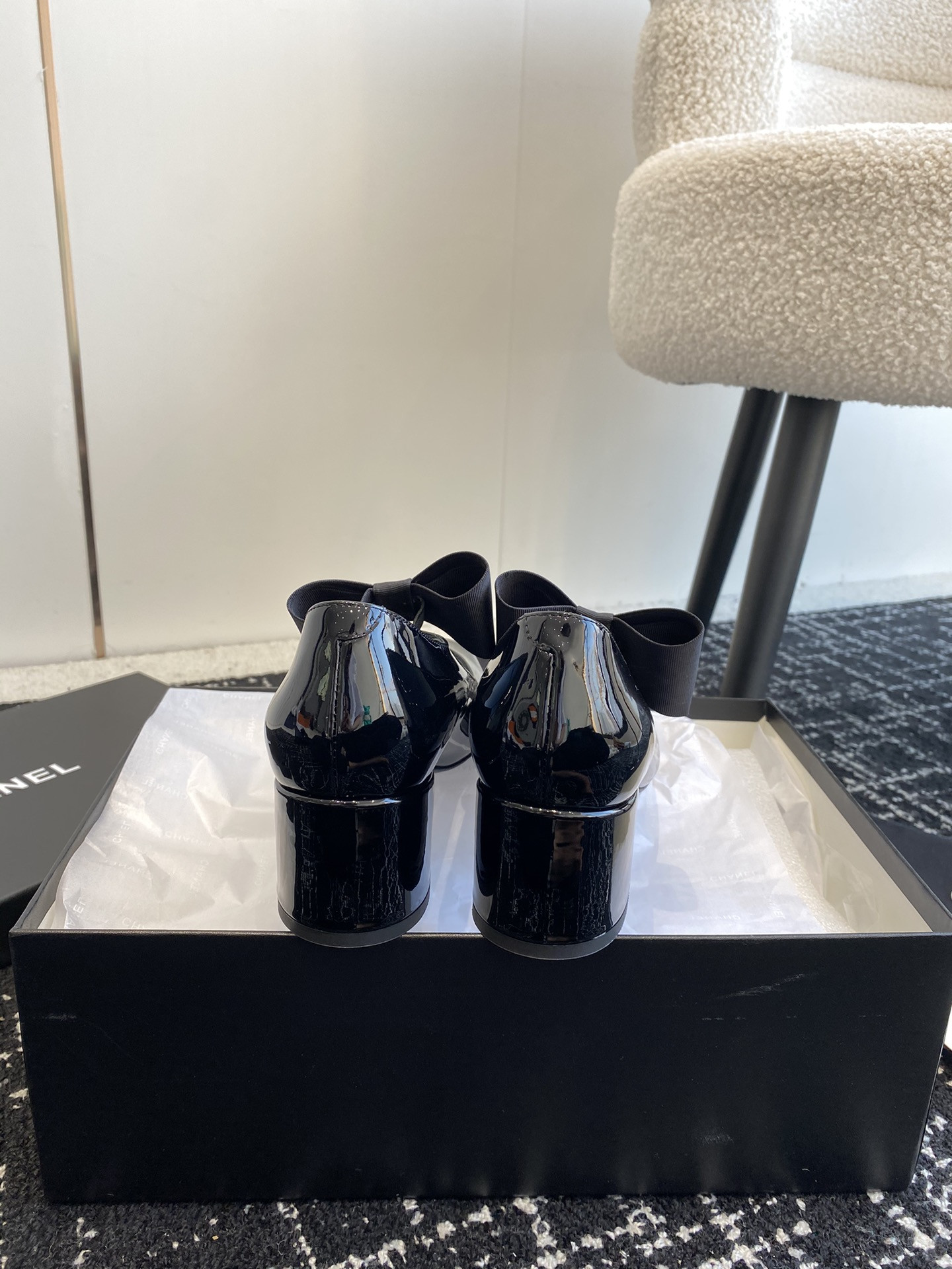 UA Ch**el MARY JANES Patent Calfskin & Grosgrain