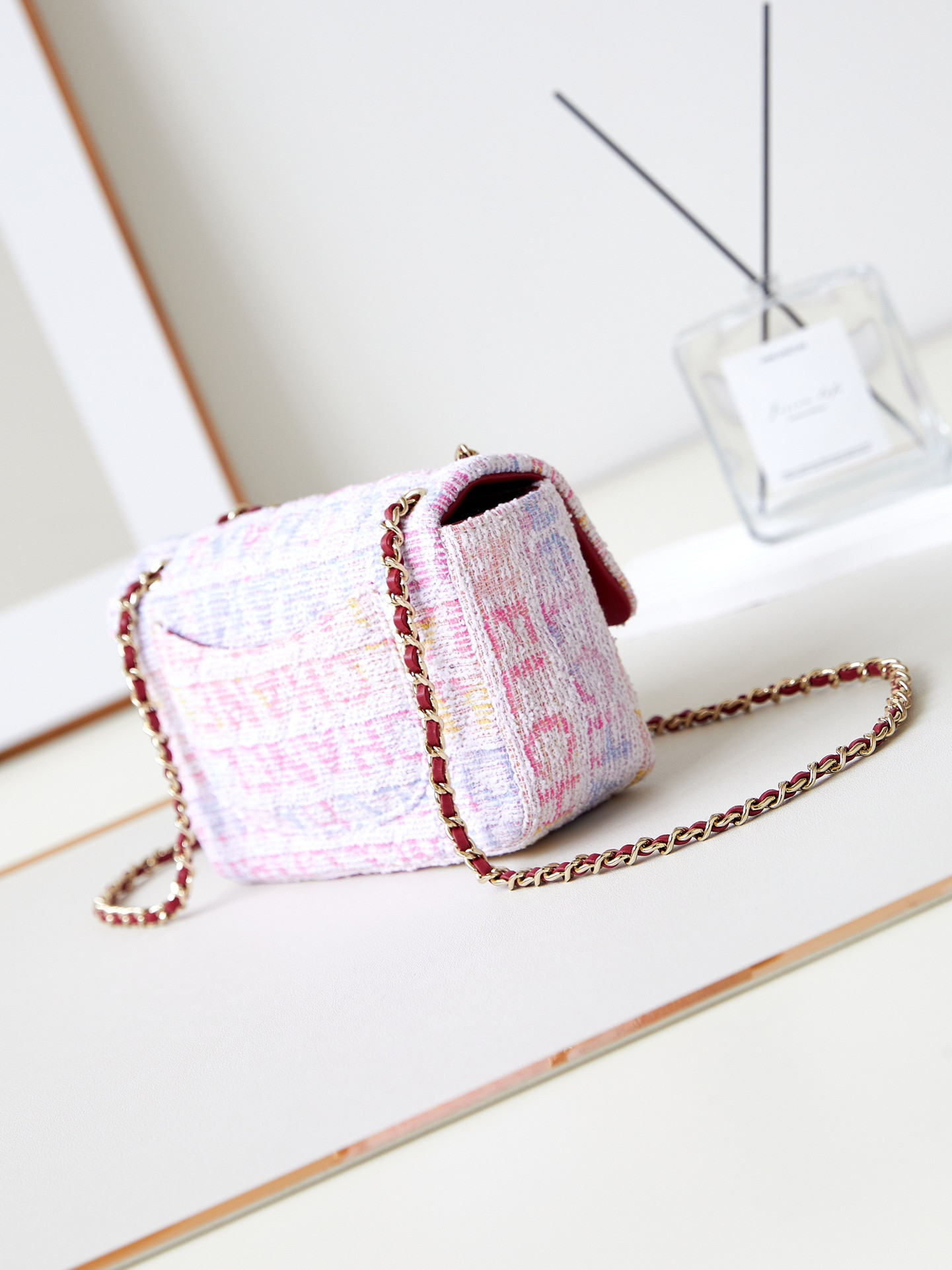 Ch**el Quilted Pink Multicolor Tweed Mini Rectangular Flap Bag 20×10×7cm