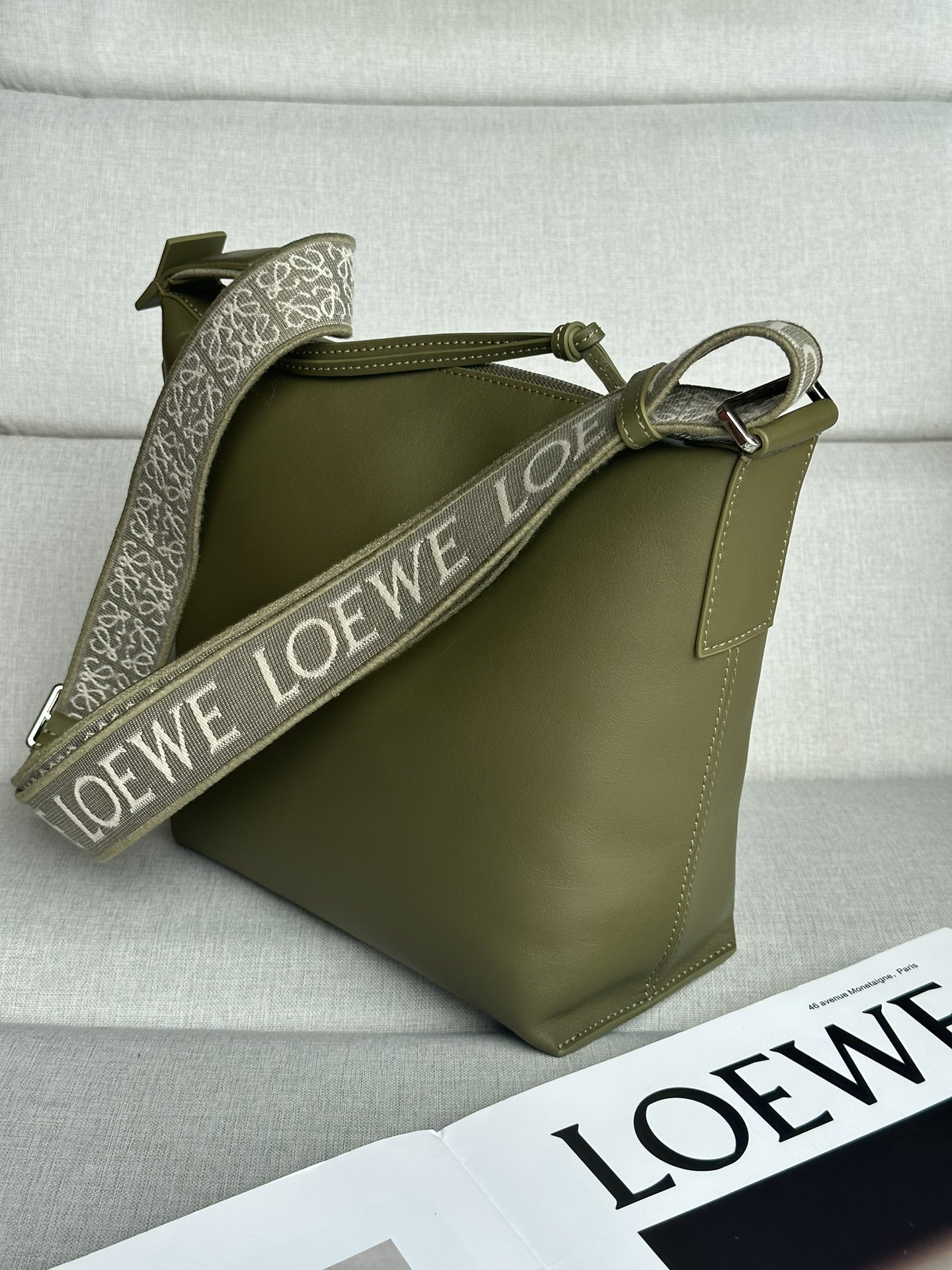 L0ew* Small Cubi crossbody bag in S*pple smooth calfskin and jacquard 29.5x10.5x22cm