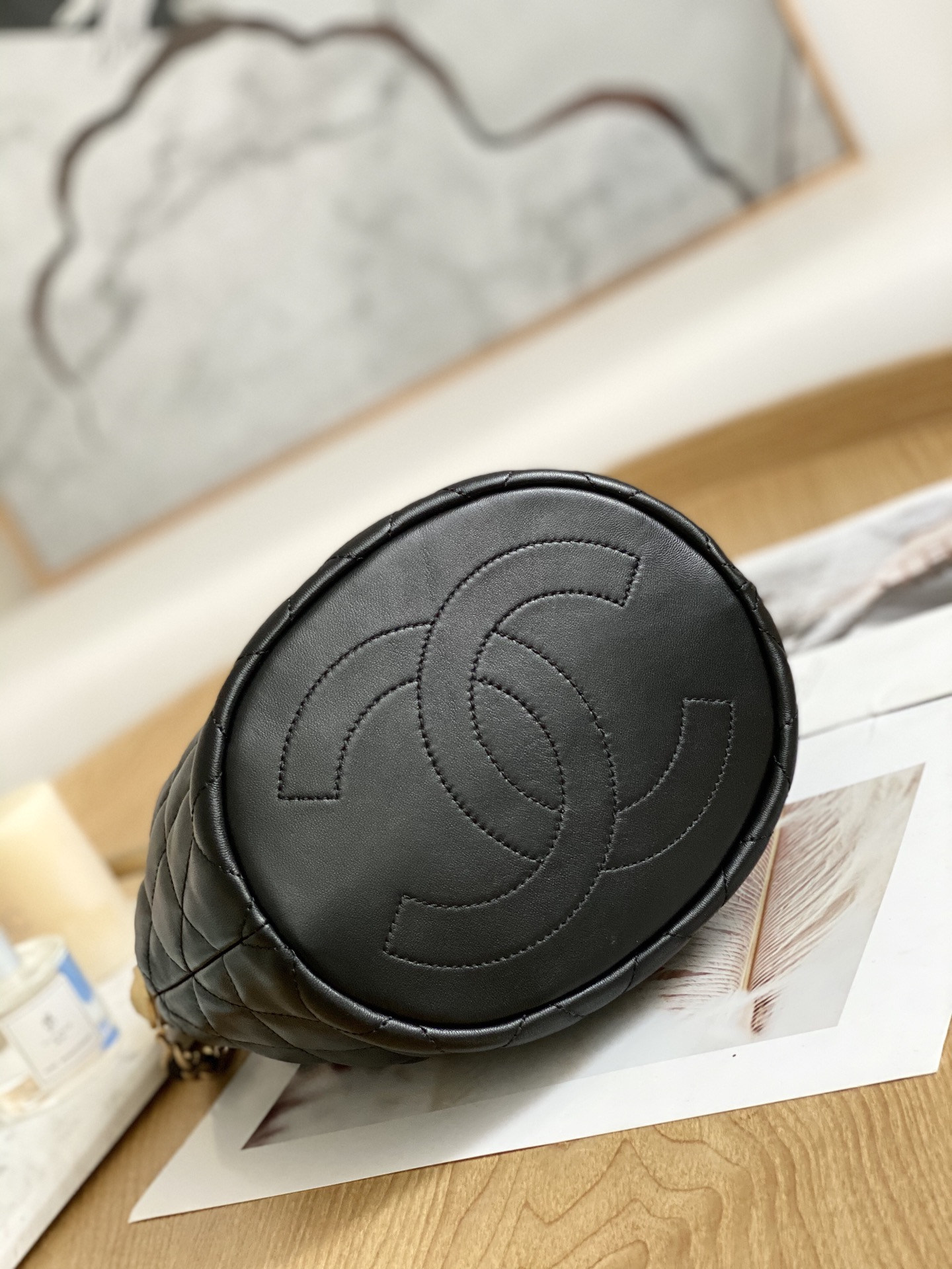 Ch**el Drawstring Button Bucket Bag 21x24x14cm