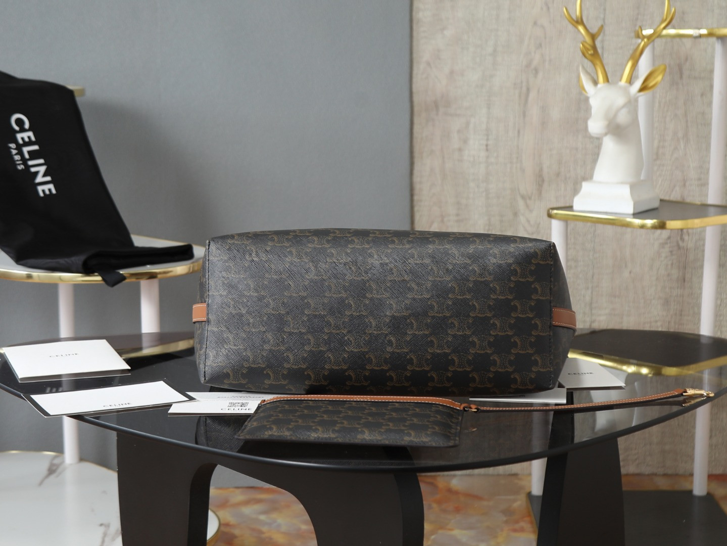 Ce1i*e SOFT SHOPPER BAG IN Triomphe Canvas and Calfskin 32.5x24.5x14cm