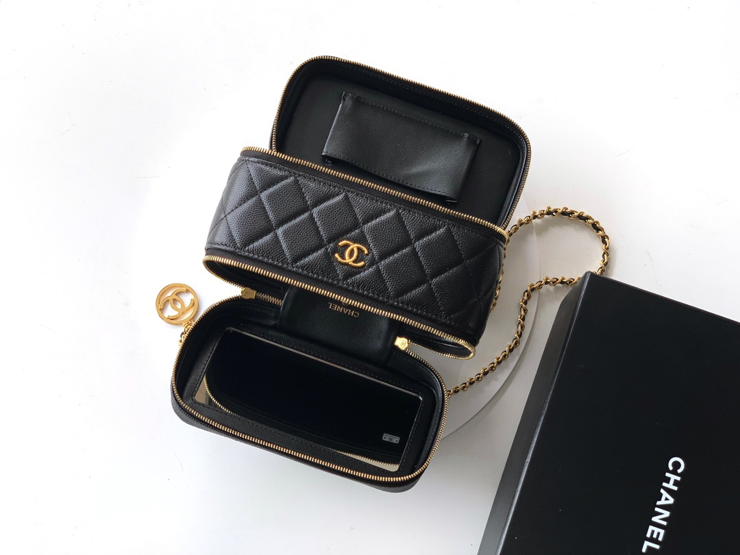 Ch**el Leather Cosmetic  Black Bag 17x9.5x9cm